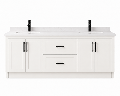 White bathroom vanity with marble countertop and black fixtures on a white background