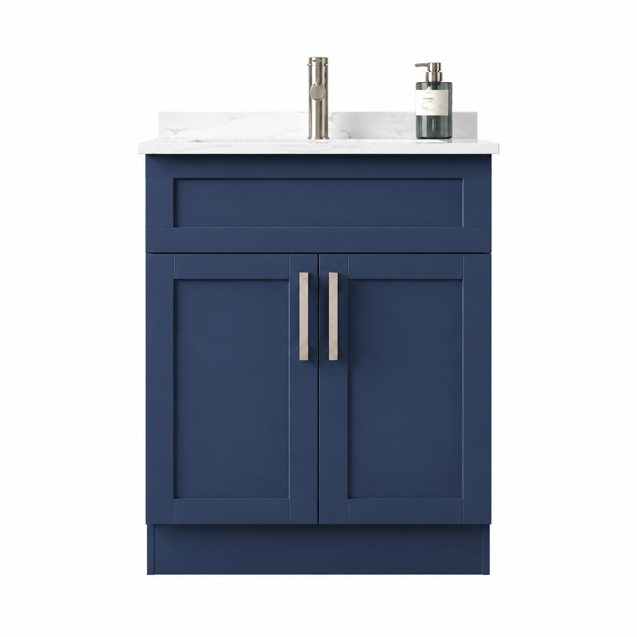Blue bathroom vanity with white countertop and silver fixtures on a white background