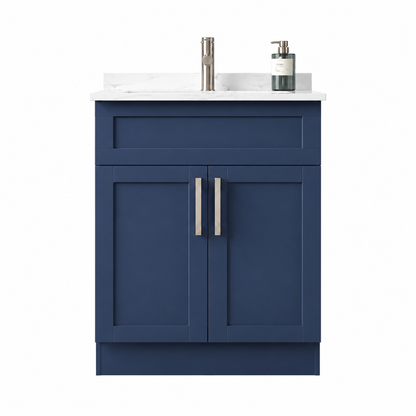 Blue bathroom vanity with white countertop and silver fixtures on a white background