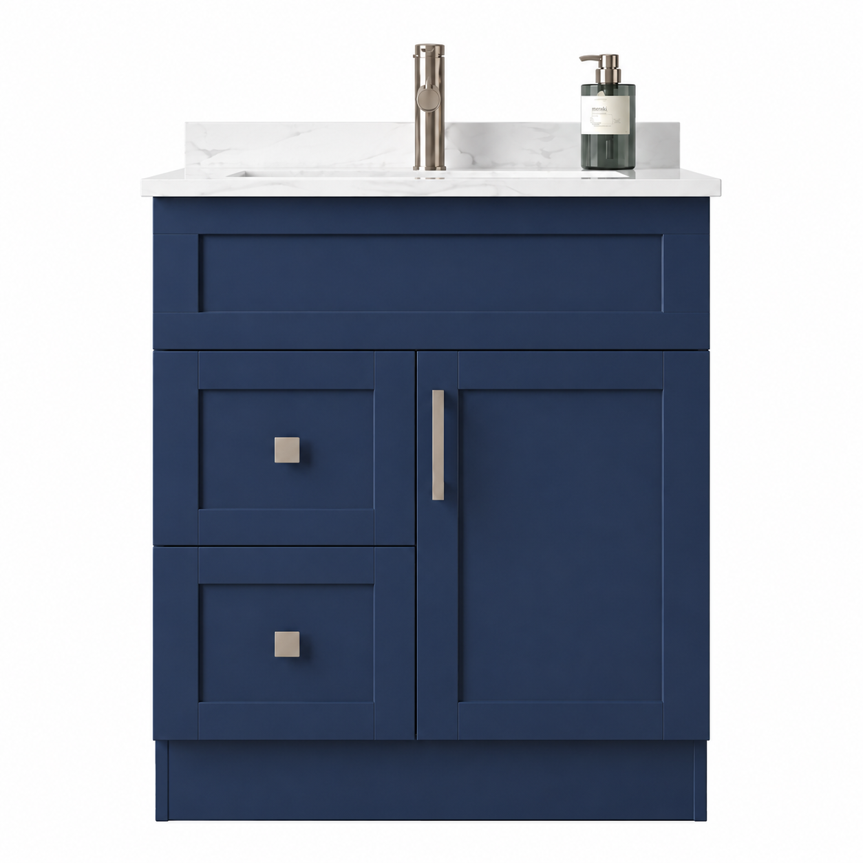 Blue bathroom vanity with white countertop, sink, and soap dispenser on a white background