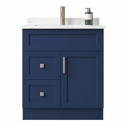 Blue bathroom vanity with white countertop, sink, and soap dispenser on a white background