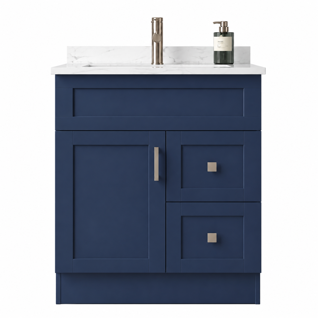 Blue bathroom vanity with white countertop, sink, and faucet on a white background
