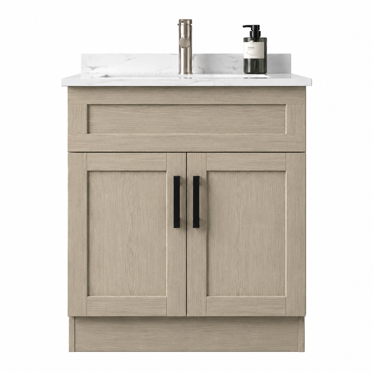 Bathroom vanity with two doors, black handles, and a white countertop on a white background.
