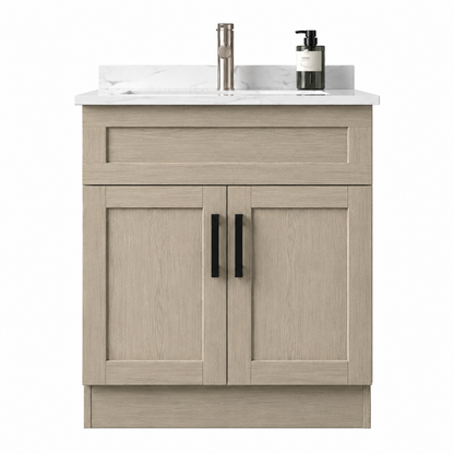 Bathroom vanity with two doors, black handles, and a white countertop on a white background.