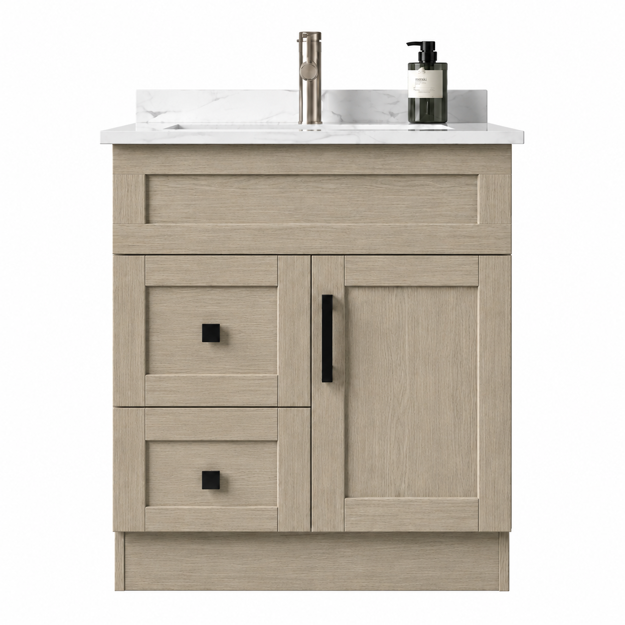 Bathroom vanity with countertop, sink, and cabinets on a white background