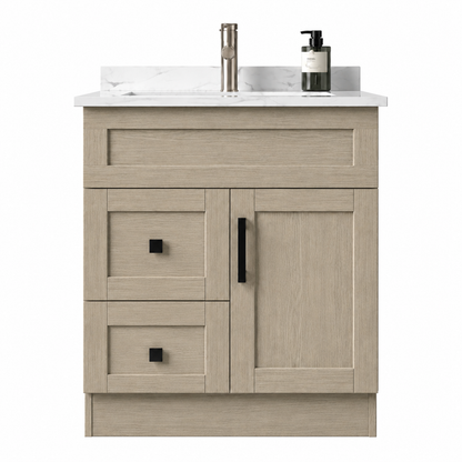 Bathroom vanity with countertop, sink, and cabinets on a white background