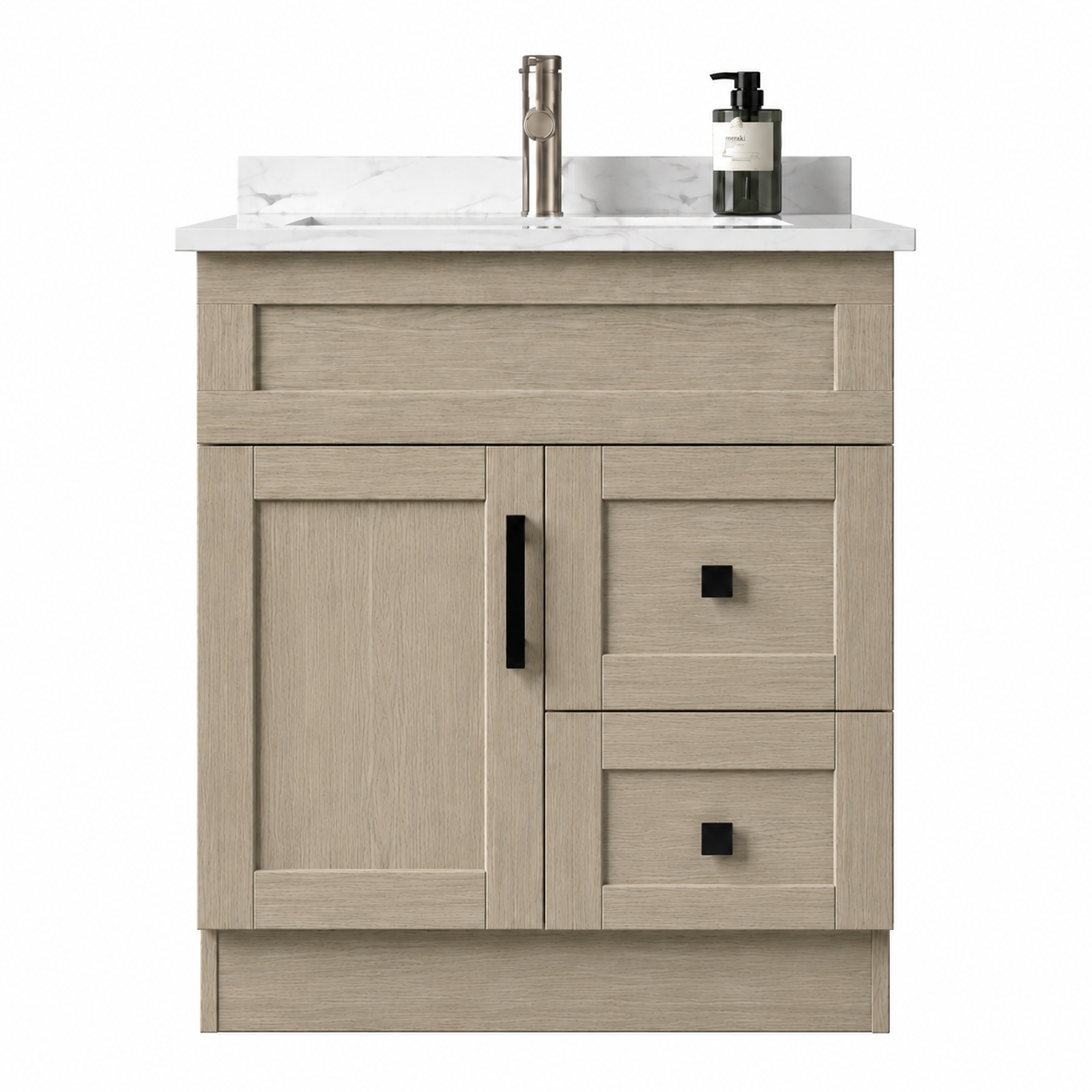 Beige bathroom vanity with white countertop and sink on a white background