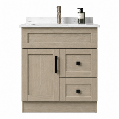 Beige bathroom vanity with white countertop and sink on a white background