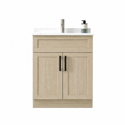 Bathroom vanity with two doors, a sink, and a soap dispenser on a white background