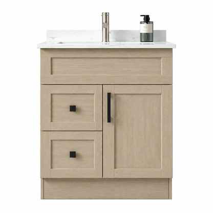 Beige bathroom vanity with white countertop on a white background