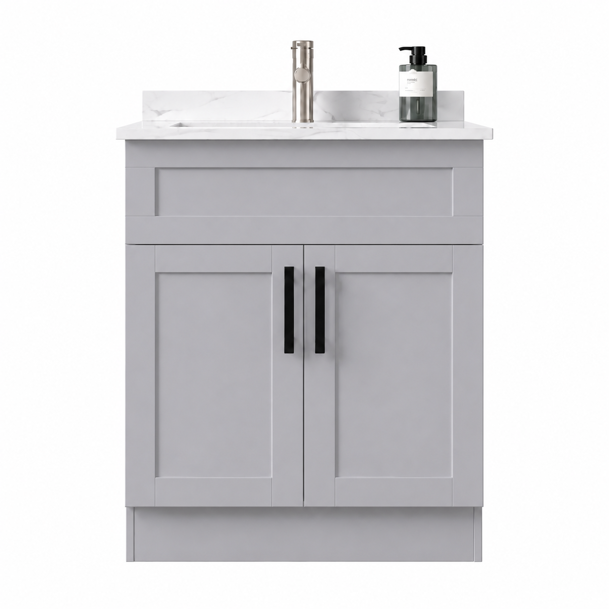 Gray bathroom vanity with white countertop and black fixtures on a white background