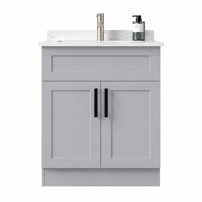 Gray bathroom vanity with white countertop and black fixtures on a white background
