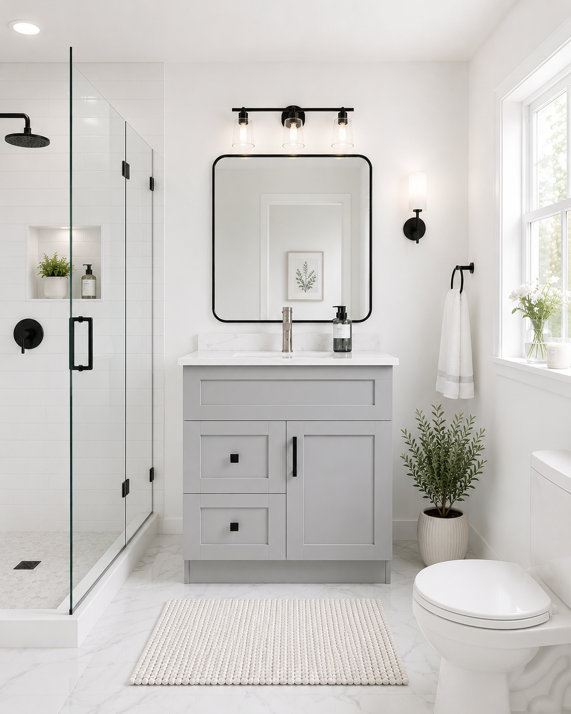 Modern bathroom with gray vanity, mirror, and shower