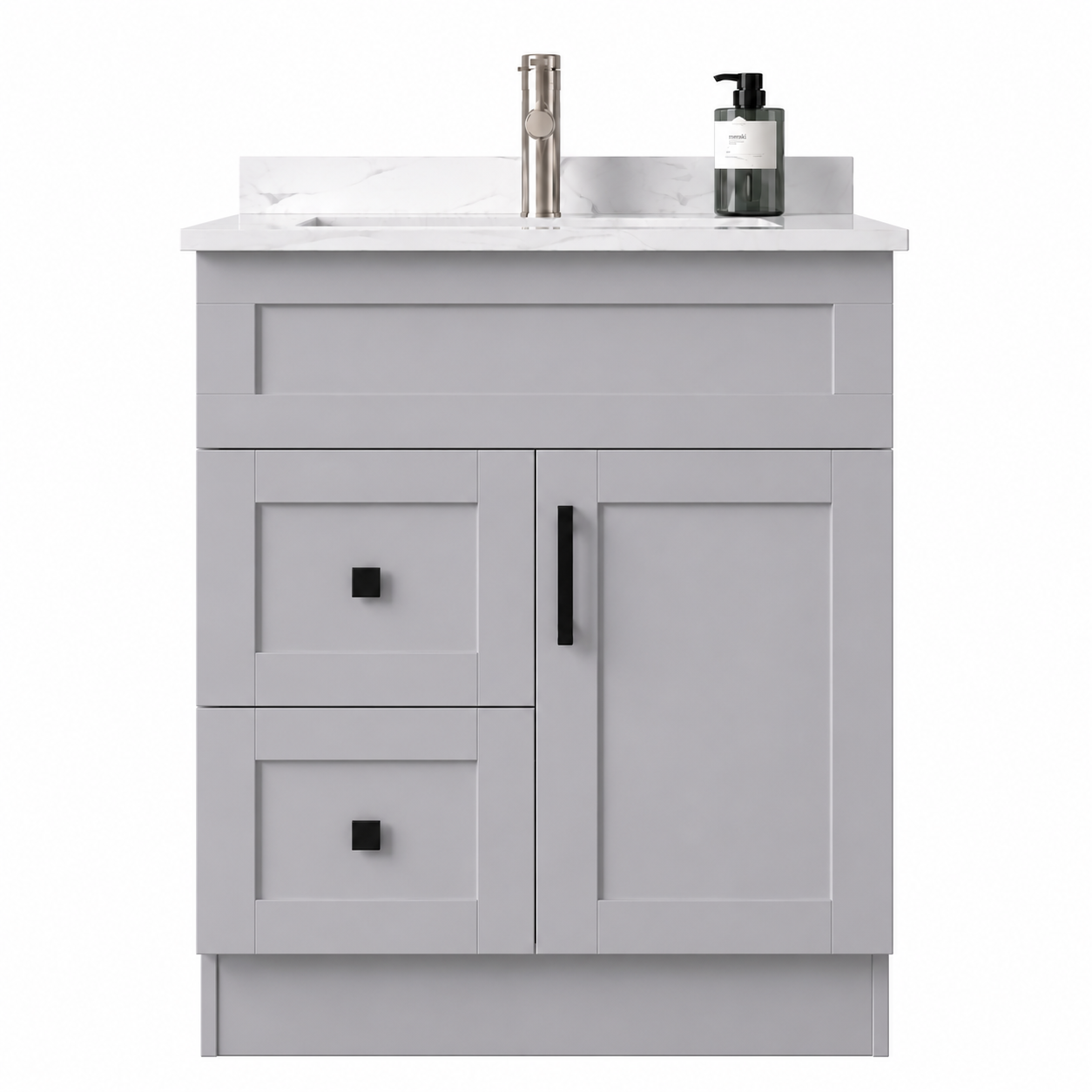 Gray bathroom vanity with white countertop and sink on a white background