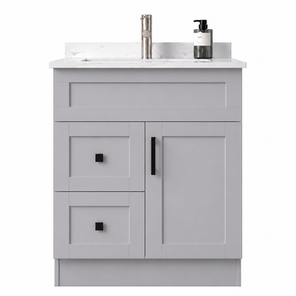 Gray bathroom vanity with white countertop and sink on a white background