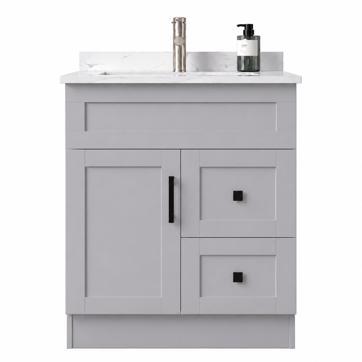 Gray bathroom vanity with white countertop and sink on a white background