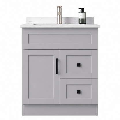 Gray bathroom vanity with white countertop and sink on a white background
