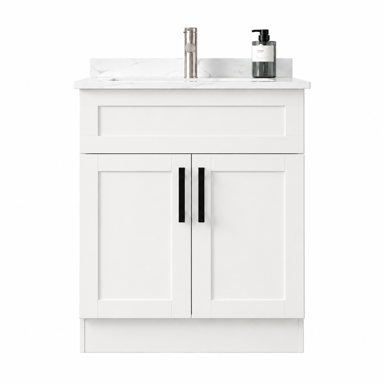 White bathroom vanity with marble countertop and fixtures on a white background