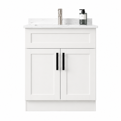 White bathroom vanity with marble countertop and fixtures on a white background