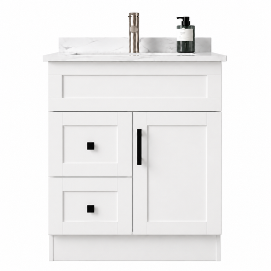 White bathroom vanity with sink and toiletries on a white background