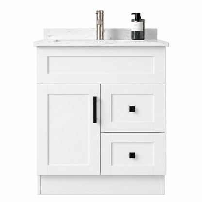 White bathroom vanity with sink and faucet on a white background